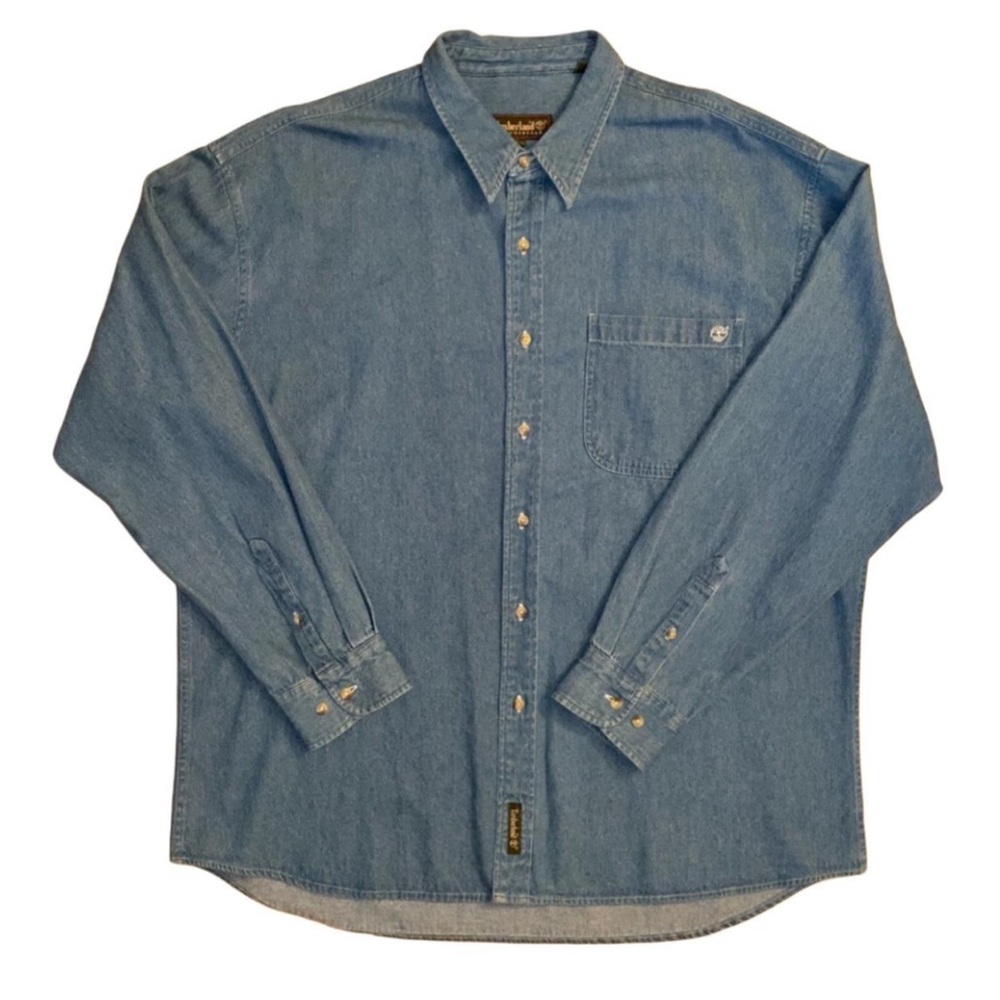 Timberland Chambray Denim Blue Casual Button Down Pocket Shirt